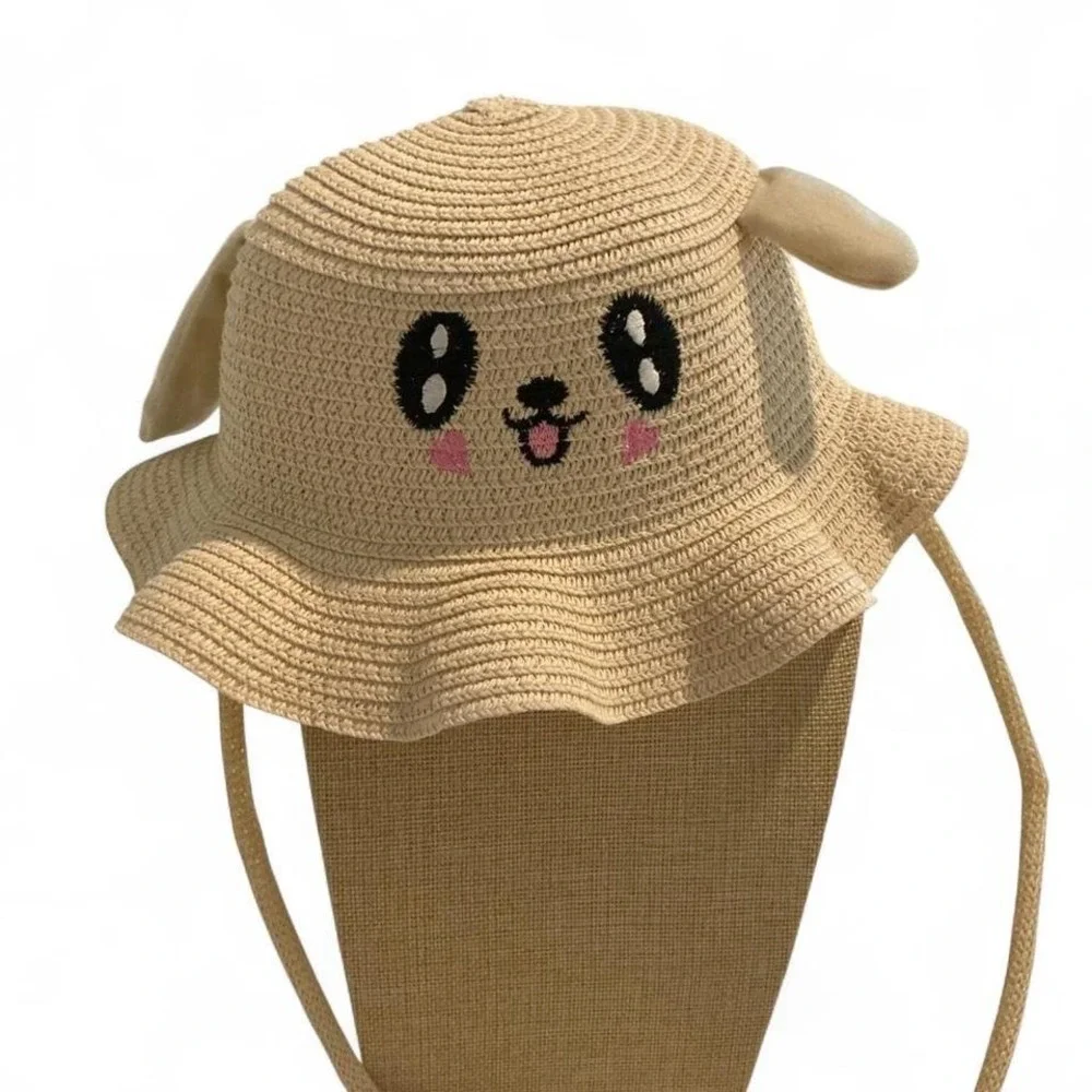 Unbranded Puppy Sun Hat Kids One Size Tan New Woven Straw 3D Ears Wavy Brim